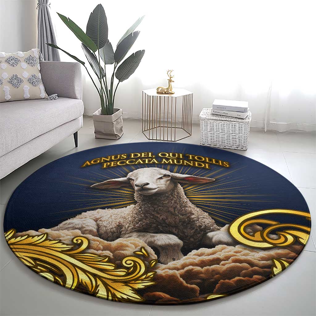 Agnus Dei Lamb of God Round Carpet Latin Catholic Art with Gold Baroque Accents