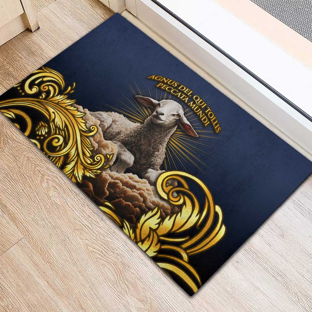 Agnus Dei Lamb of God Rubber Doormat Latin Catholic Art with Gold Baroque Accents