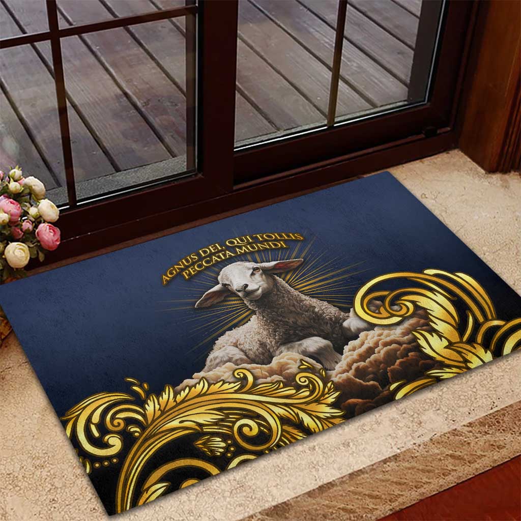Agnus Dei Lamb of God Rubber Doormat Latin Catholic Art with Gold Baroque Accents