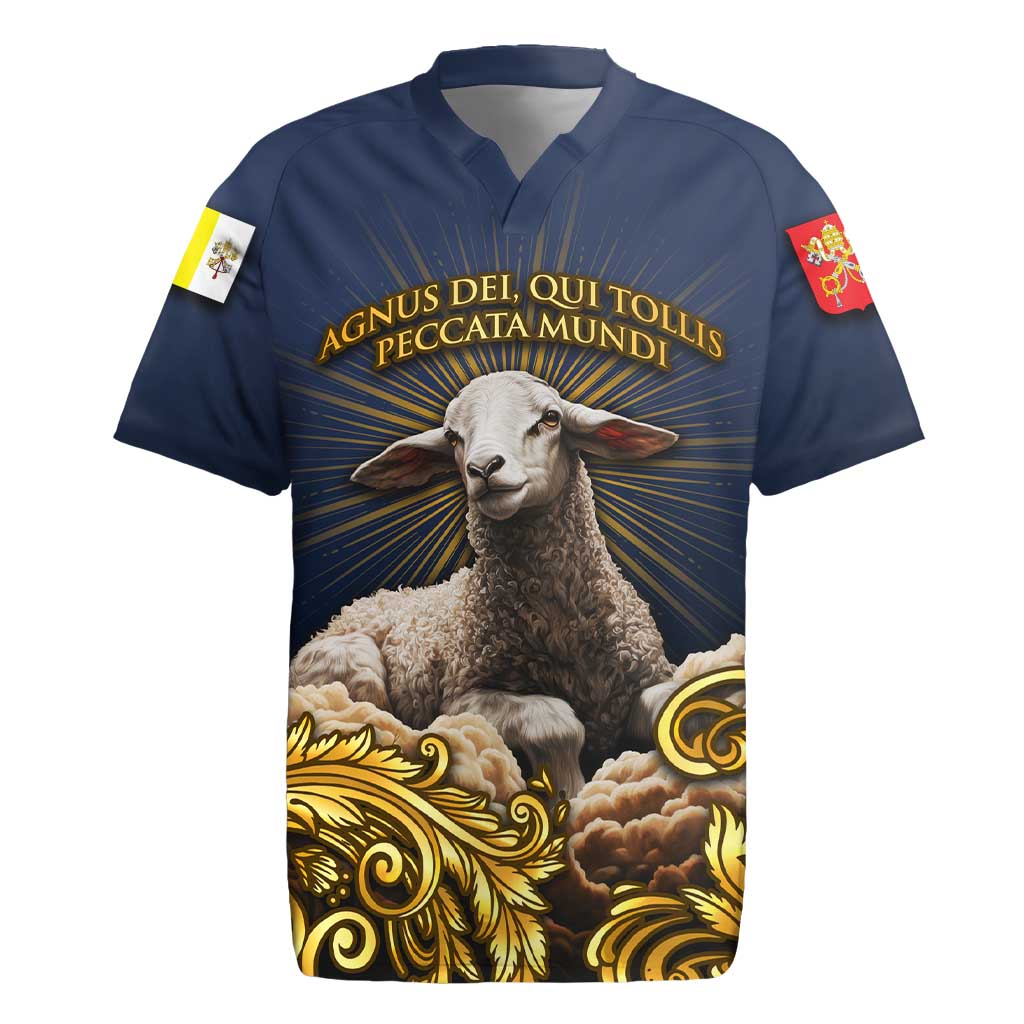 Agnus Dei Lamb of God Rugby Jersey Latin Catholic Art with Gold Baroque Accents