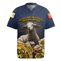 Agnus Dei Lamb of God Rugby Jersey Latin Catholic Art with Gold Baroque Accents