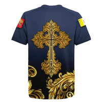 Agnus Dei Lamb of God Rugby Jersey Latin Catholic Art with Gold Baroque Accents