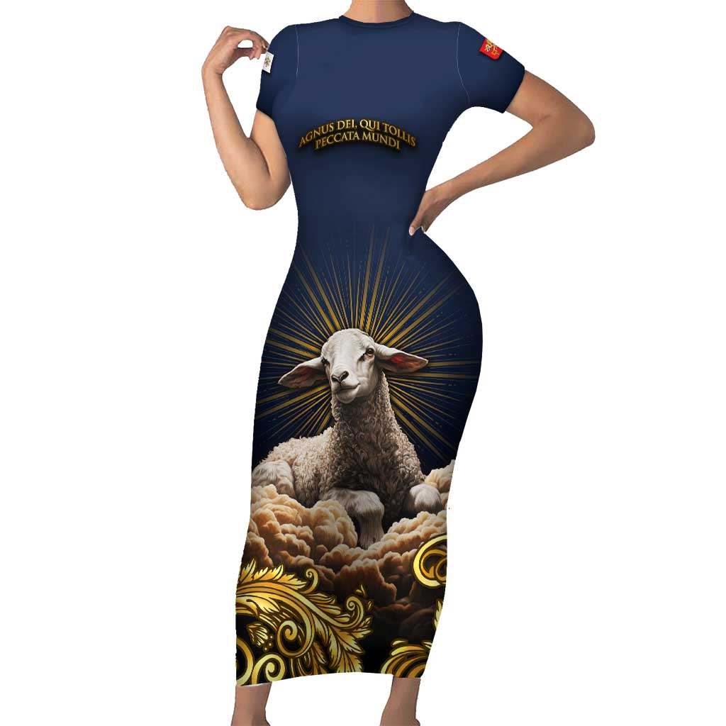 Agnus Dei Lamb of God Short Sleeve Bodycon Dress Latin Catholic Art with Gold Baroque Accents