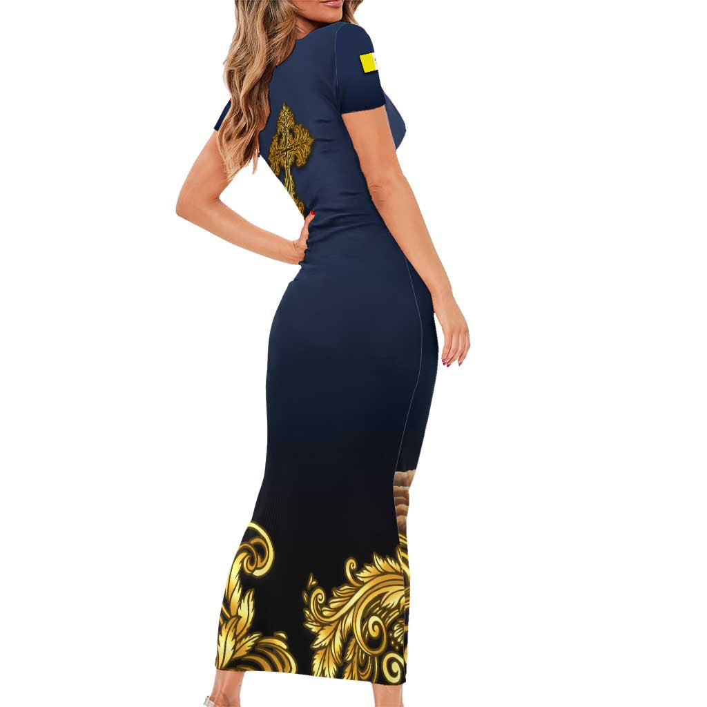 Agnus Dei Lamb of God Short Sleeve Bodycon Dress Latin Catholic Art with Gold Baroque Accents