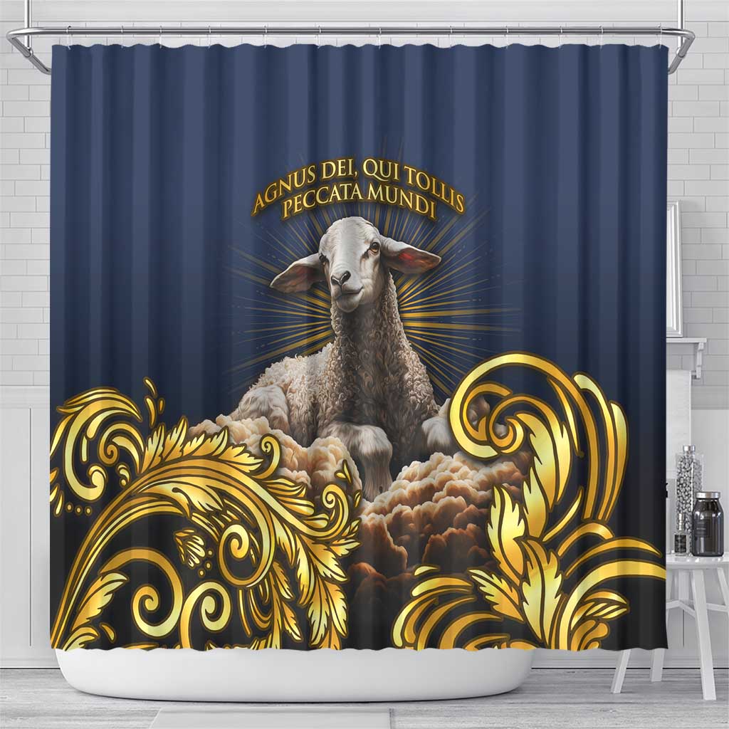 Agnus Dei Lamb of God Shower Curtain Latin Catholic Art with Gold Baroque Accents