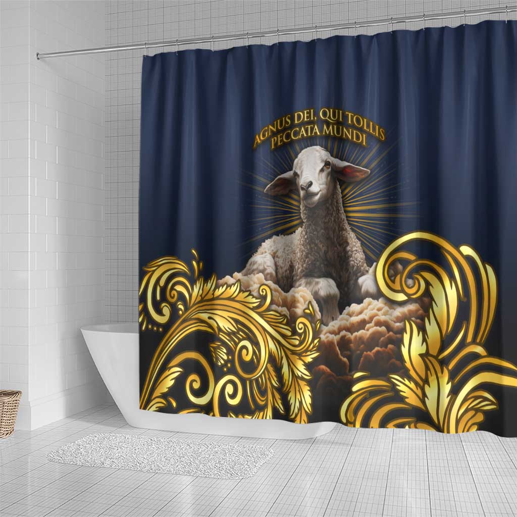 Agnus Dei Lamb of God Shower Curtain Latin Catholic Art with Gold Baroque Accents