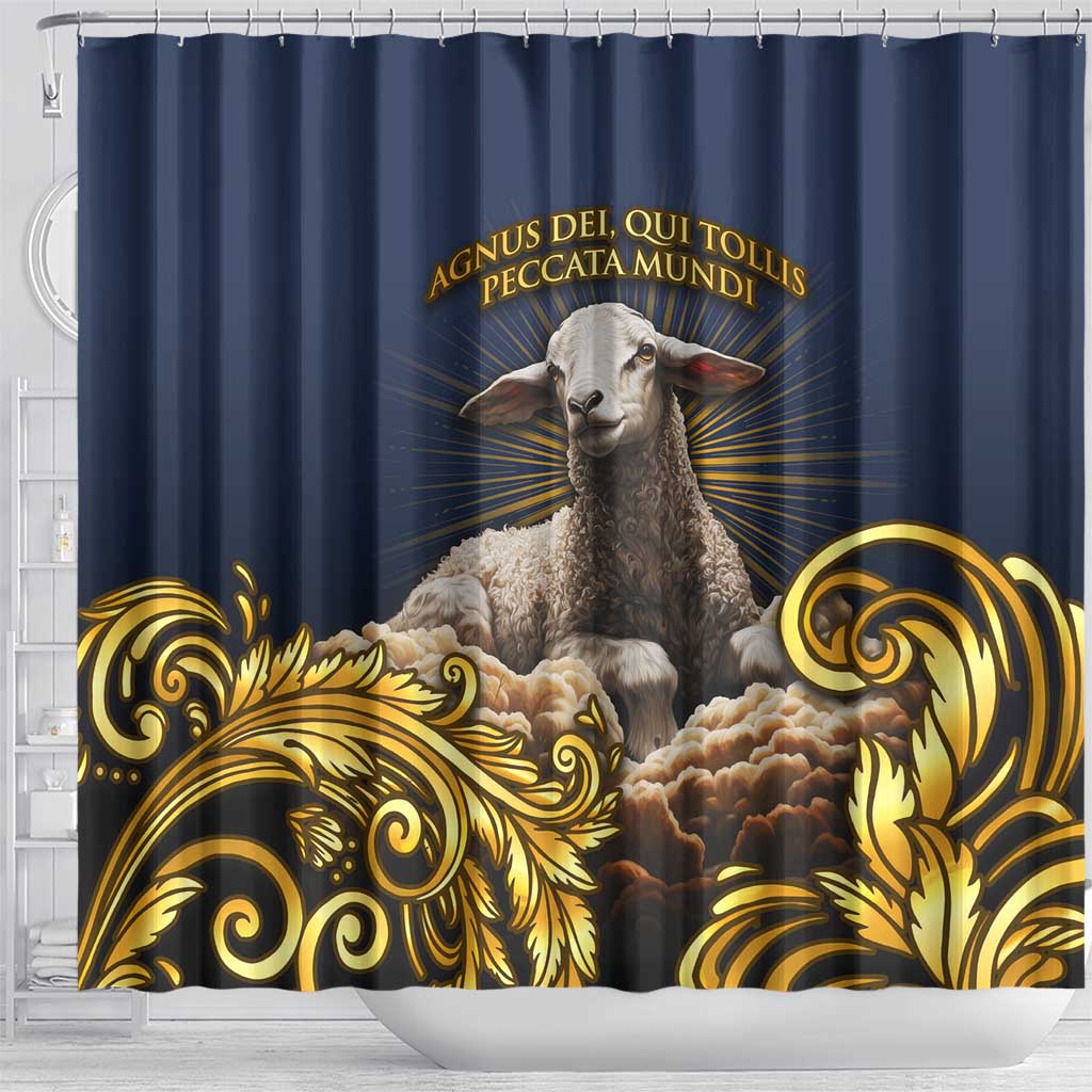 Agnus Dei Lamb of God Shower Curtain Latin Catholic Art with Gold Baroque Accents