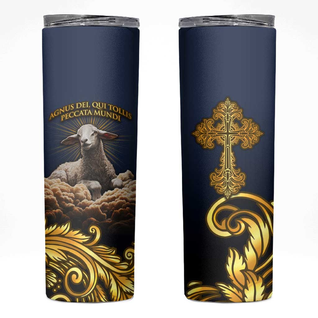 Agnus Dei Lamb of God Skinny Tumbler Latin Catholic Art with Gold Baroque Accents