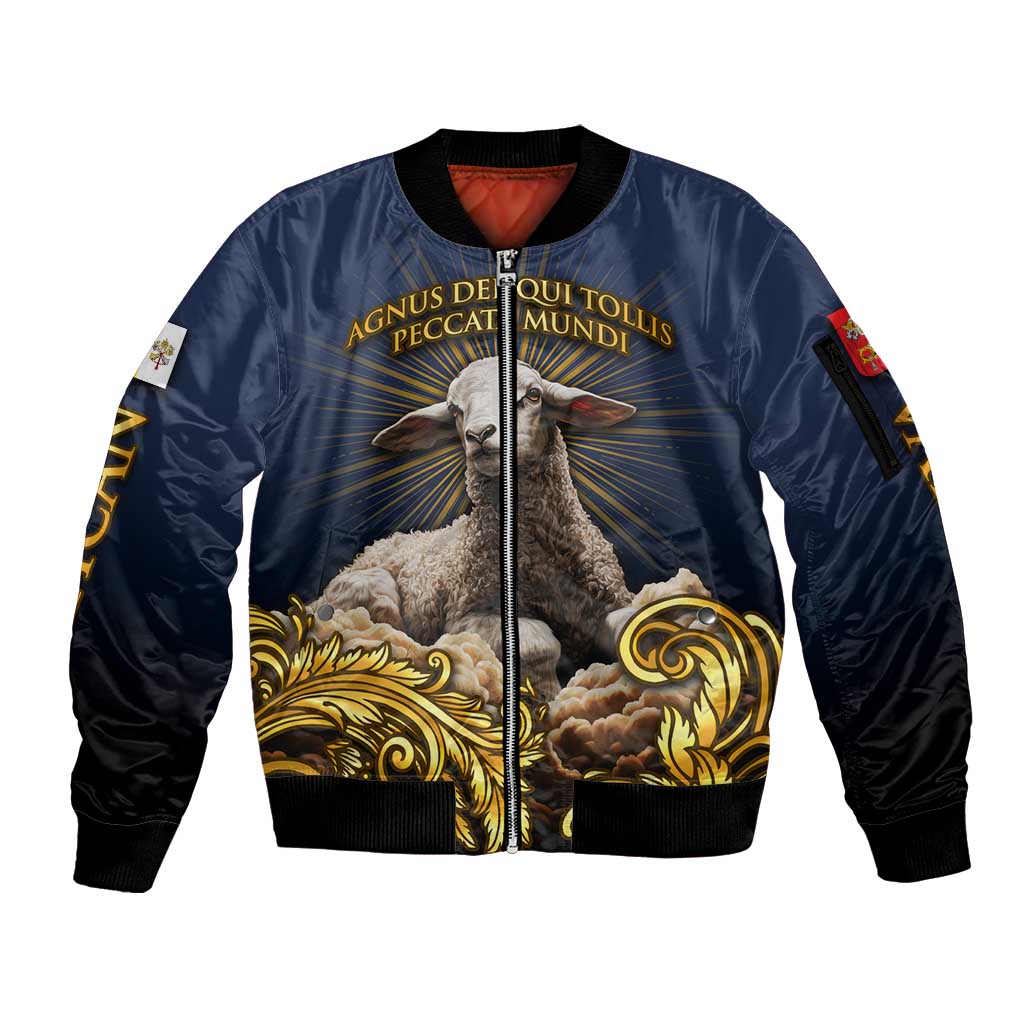 Agnus Dei Lamb of God Sleeve Zip Bomber Jacket Latin Catholic Art with Gold Baroque Accents