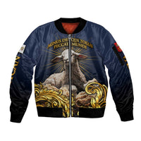 Agnus Dei Lamb of God Sleeve Zip Bomber Jacket Latin Catholic Art with Gold Baroque Accents