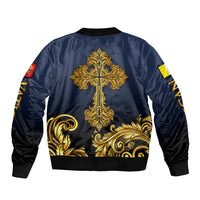 Agnus Dei Lamb of God Sleeve Zip Bomber Jacket Latin Catholic Art with Gold Baroque Accents