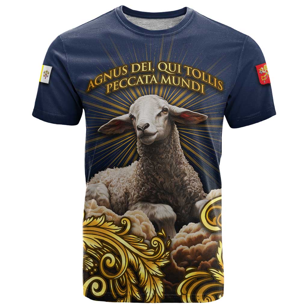 Agnus Dei Lamb of God T Shirt Latin Catholic Art with Gold Baroque Accents