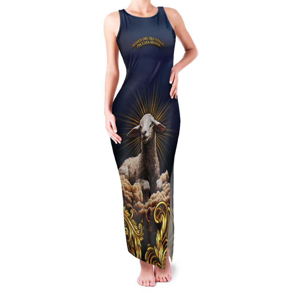 Agnus Dei Lamb of God Tank Maxi Dress Latin Catholic Art with Gold Baroque Accents