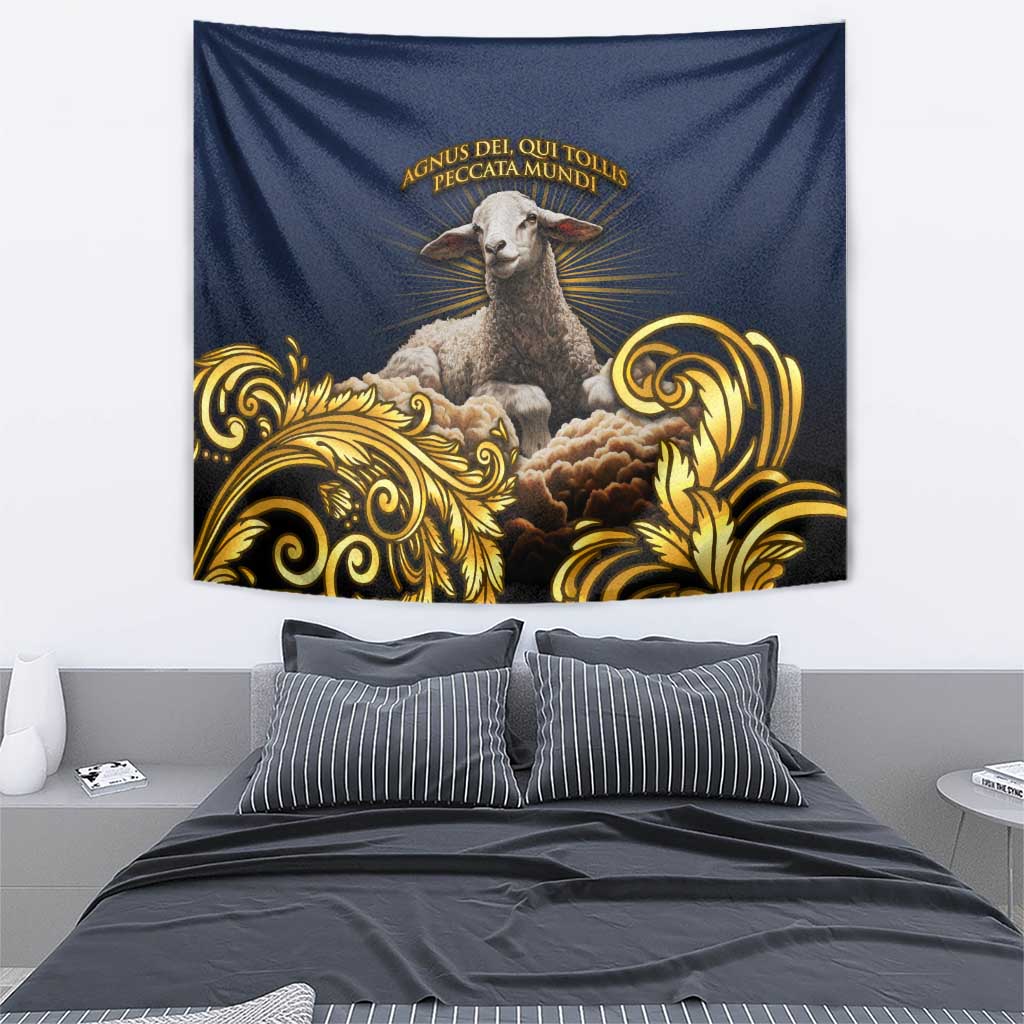 Agnus Dei Lamb of God Tapestry Latin Catholic Art with Gold Baroque Accents