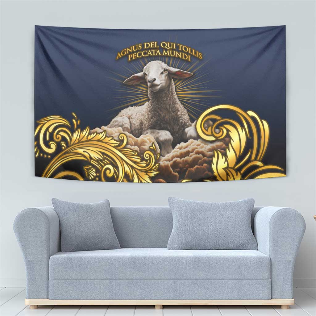Agnus Dei Lamb of God Tapestry Latin Catholic Art with Gold Baroque Accents
