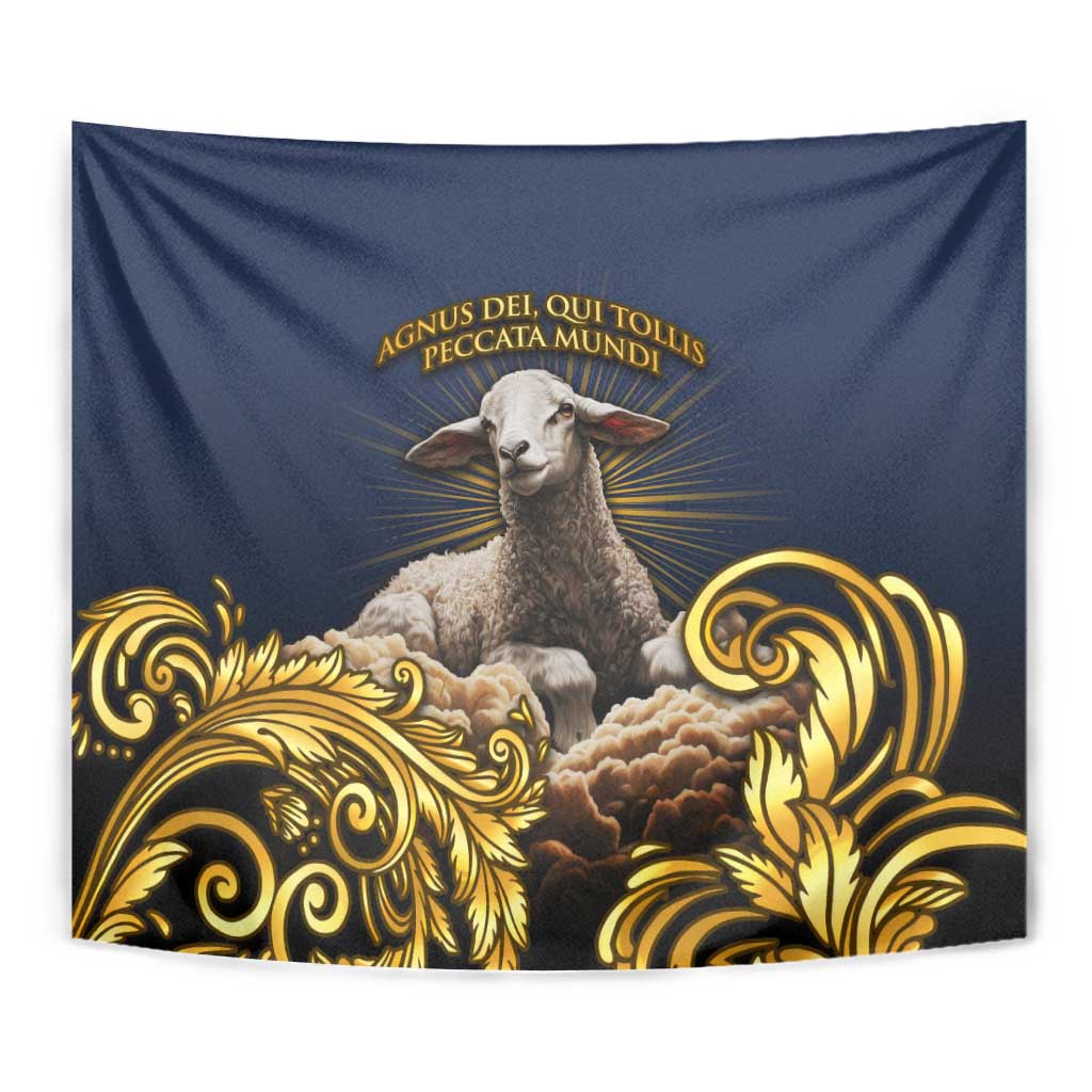 Agnus Dei Lamb of God Tapestry Latin Catholic Art with Gold Baroque Accents