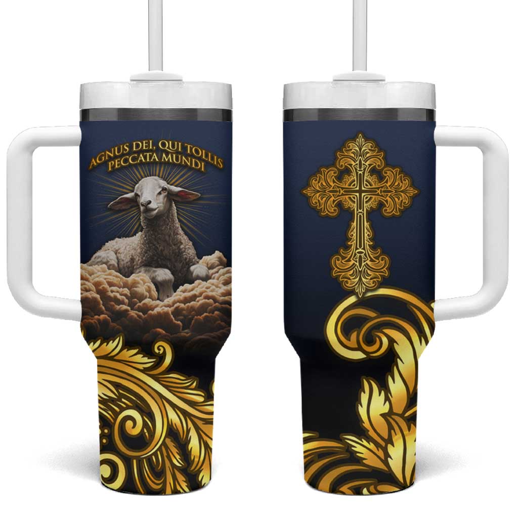 Agnus Dei Lamb of God Tumbler With Handle Latin Catholic Art with Gold Baroque Accents