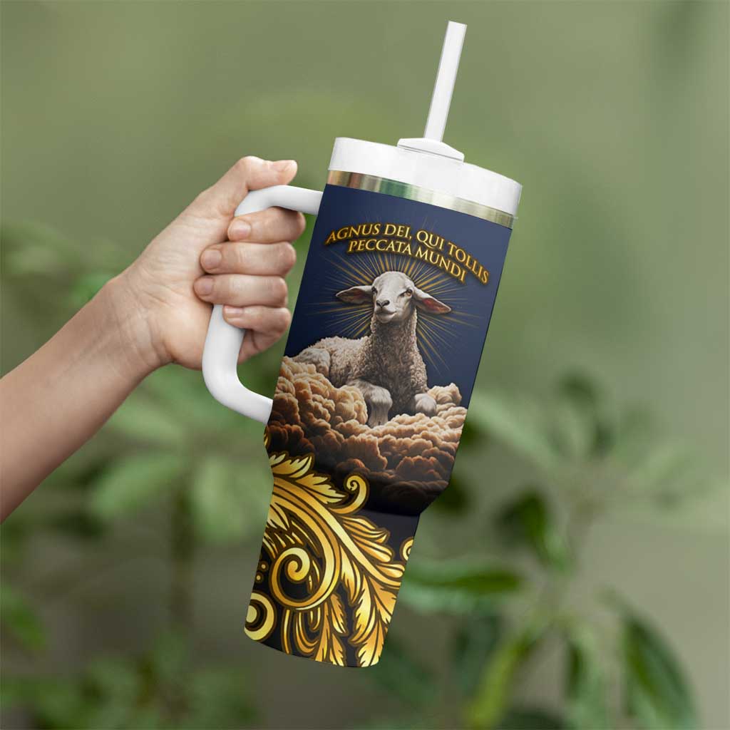 Agnus Dei Lamb of God Tumbler With Handle Latin Catholic Art with Gold Baroque Accents