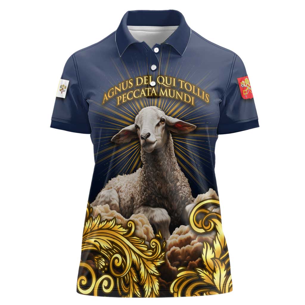 Agnus Dei Lamb of God Women Polo Shirt Latin Catholic Art with Gold Baroque Accents