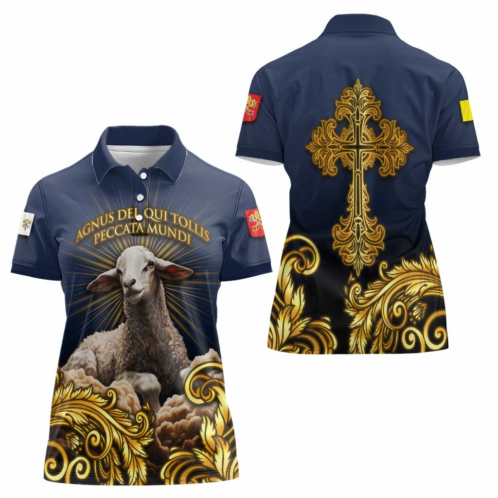 Agnus Dei Lamb of God Women Polo Shirt Latin Catholic Art with Gold Baroque Accents