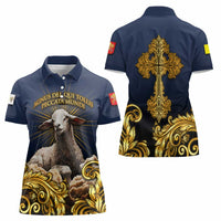 Agnus Dei Lamb of God Women Polo Shirt Latin Catholic Art with Gold Baroque Accents