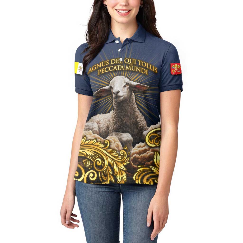 Agnus Dei Lamb of God Women Polo Shirt Latin Catholic Art with Gold Baroque Accents