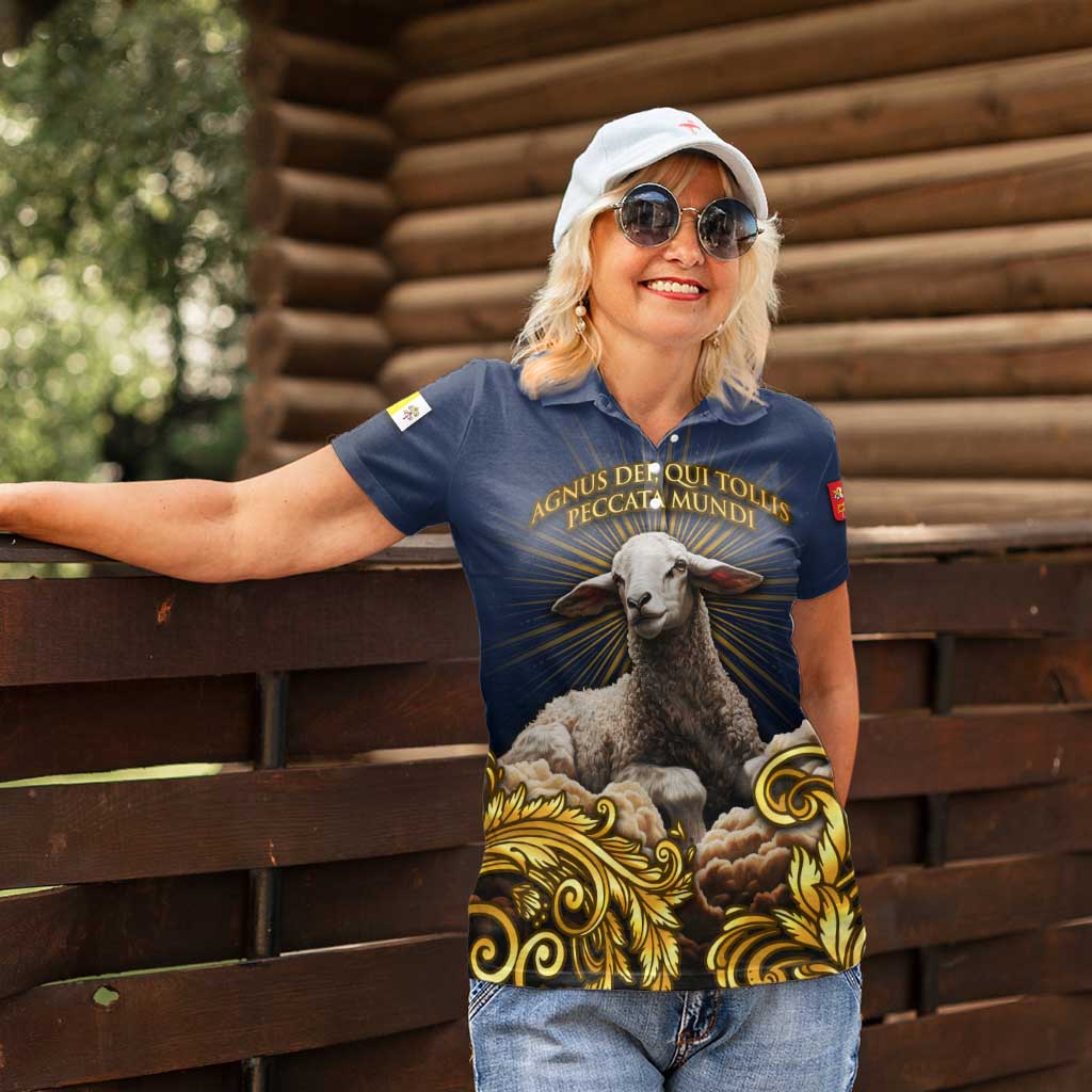 Agnus Dei Lamb of God Women Polo Shirt Latin Catholic Art with Gold Baroque Accents