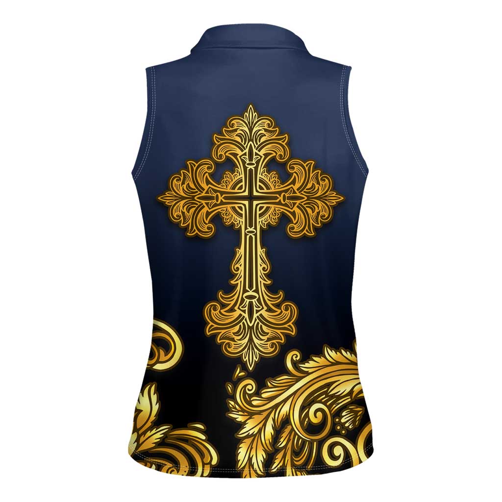 Agnus Dei Lamb of God Women Sleeveless Polo Shirt Latin Catholic Art with Gold Baroque Accents