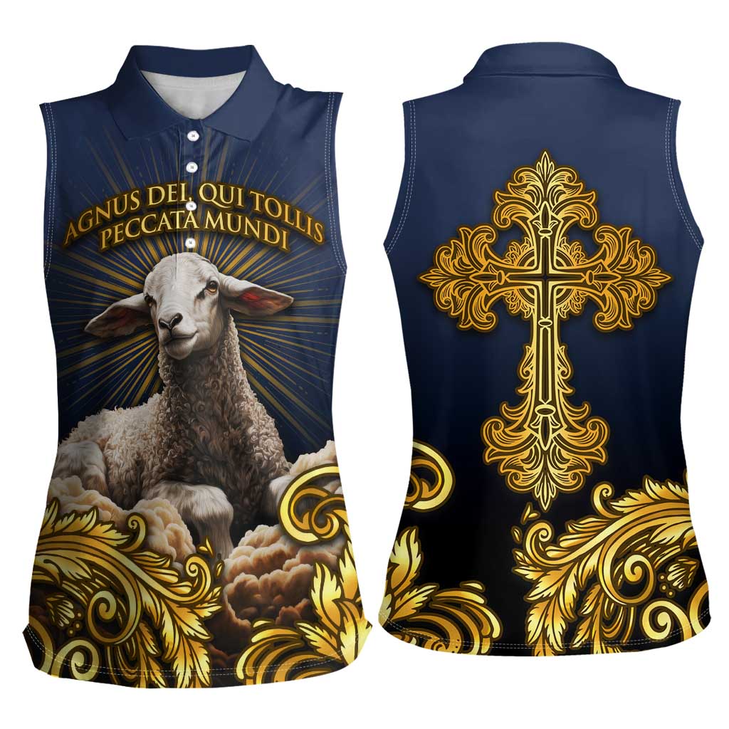 Agnus Dei Lamb of God Women Sleeveless Polo Shirt Latin Catholic Art with Gold Baroque Accents