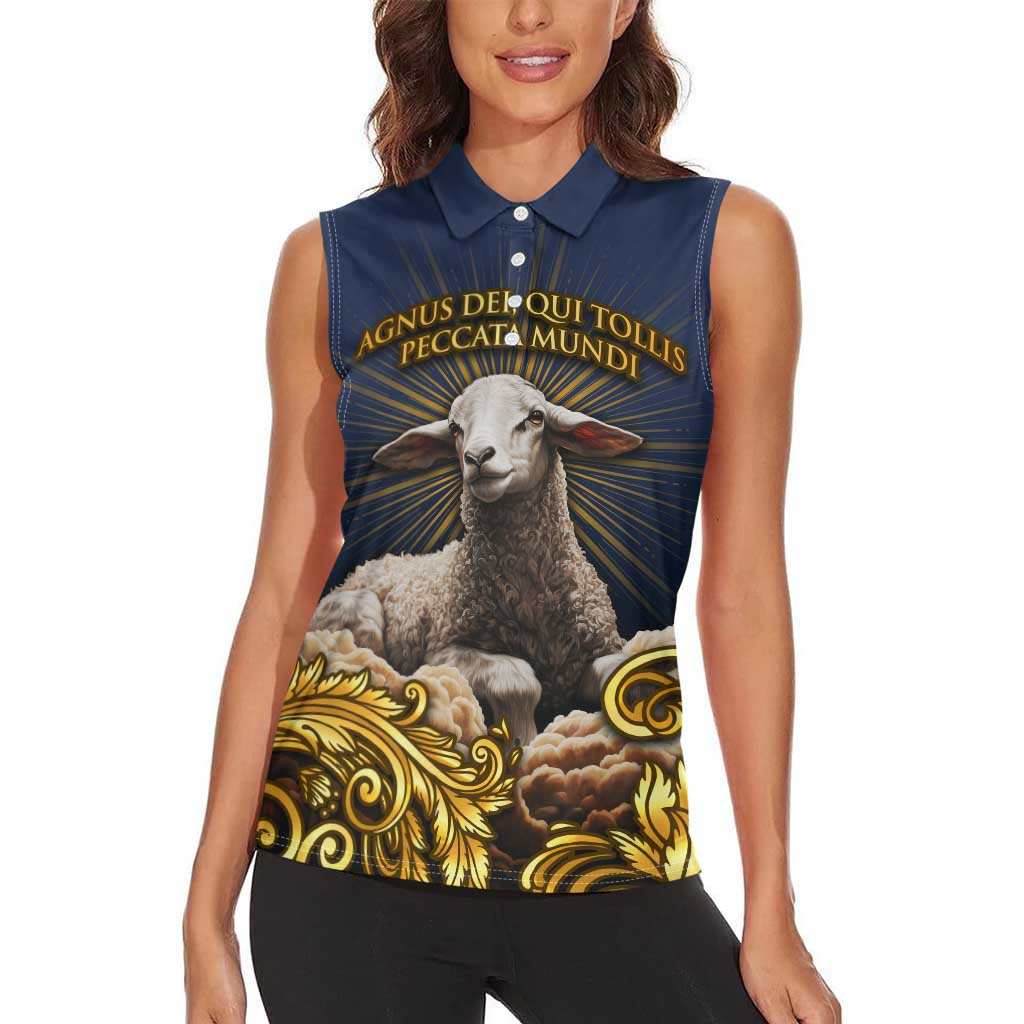 Agnus Dei Lamb of God Women Sleeveless Polo Shirt Latin Catholic Art with Gold Baroque Accents