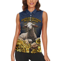 Agnus Dei Lamb of God Women Sleeveless Polo Shirt Latin Catholic Art with Gold Baroque Accents