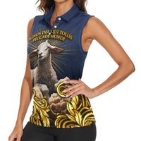 Agnus Dei Lamb of God Women Sleeveless Polo Shirt Latin Catholic Art with Gold Baroque Accents