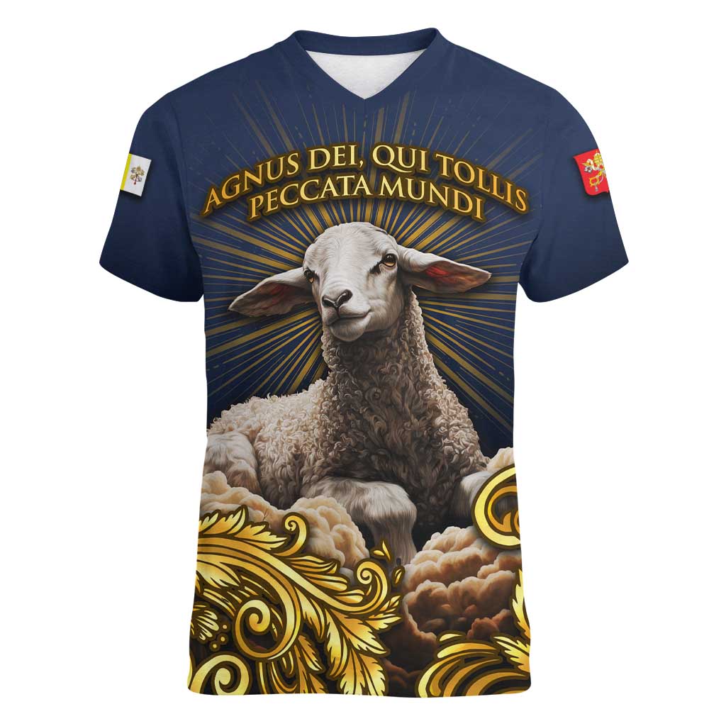Agnus Dei Lamb of God Women V-Neck T-Shirt Latin Catholic Art with Gold Baroque Accents