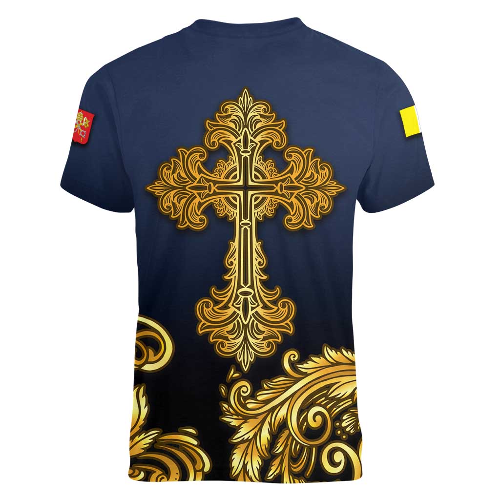 Agnus Dei Lamb of God Women V-Neck T-Shirt Latin Catholic Art with Gold Baroque Accents