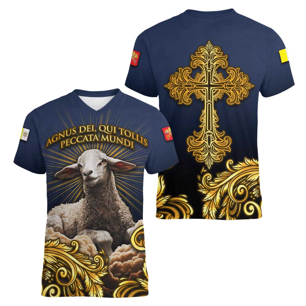 Agnus Dei Lamb of God Women V-Neck T-Shirt Latin Catholic Art with Gold Baroque Accents