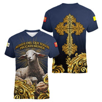 Agnus Dei Lamb of God Women V-Neck T-Shirt Latin Catholic Art with Gold Baroque Accents