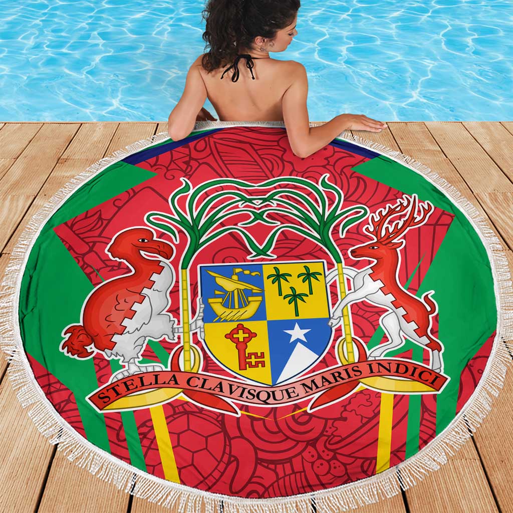 Mauritius Coat of Arms Beach Blanket National Emblem Blended with Traditional Patterns