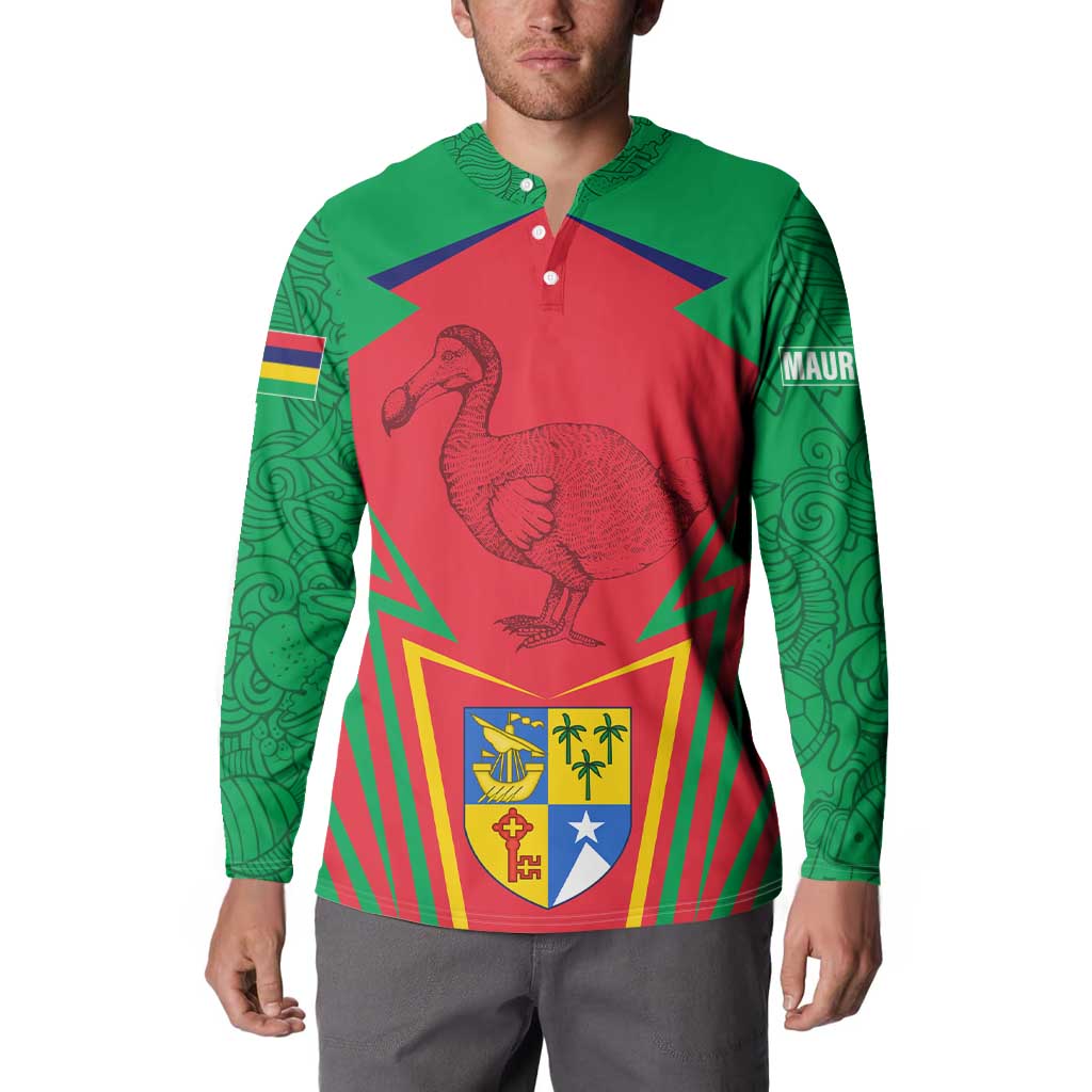 Mauritius Coat of Arms Button Sweatshirt National Emblem Blended with Traditional Patterns