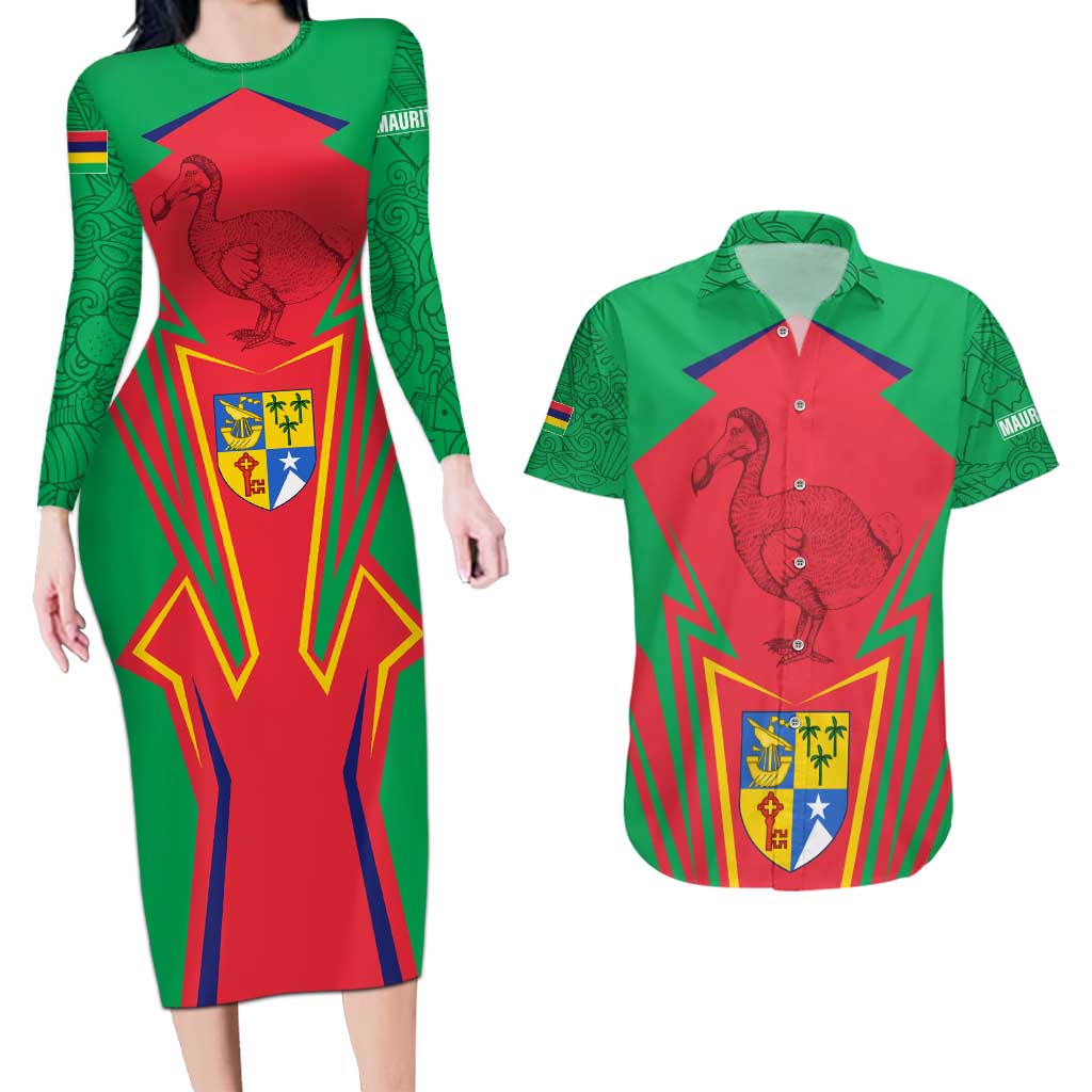 Mauritius Coat of Arms Couples Matching Long Sleeve Bodycon Dress and Hawaiian Shirt National Emblem Blended with Traditional Patterns