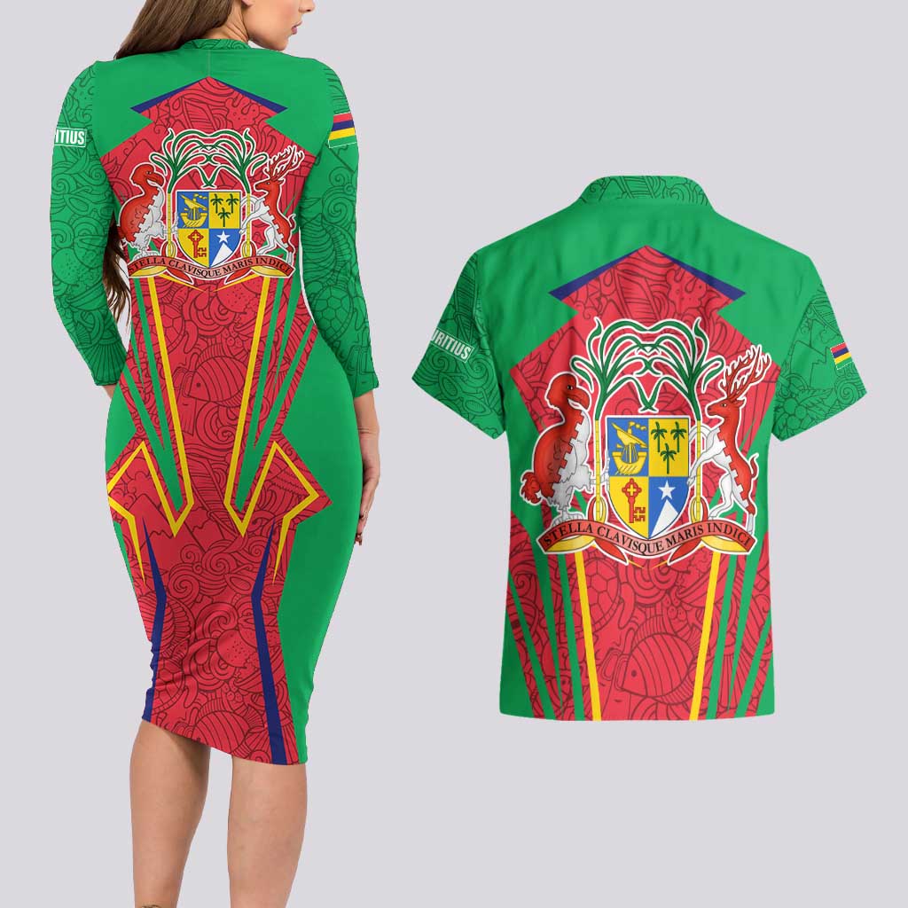 Mauritius Coat of Arms Couples Matching Long Sleeve Bodycon Dress and Hawaiian Shirt National Emblem Blended with Traditional Patterns