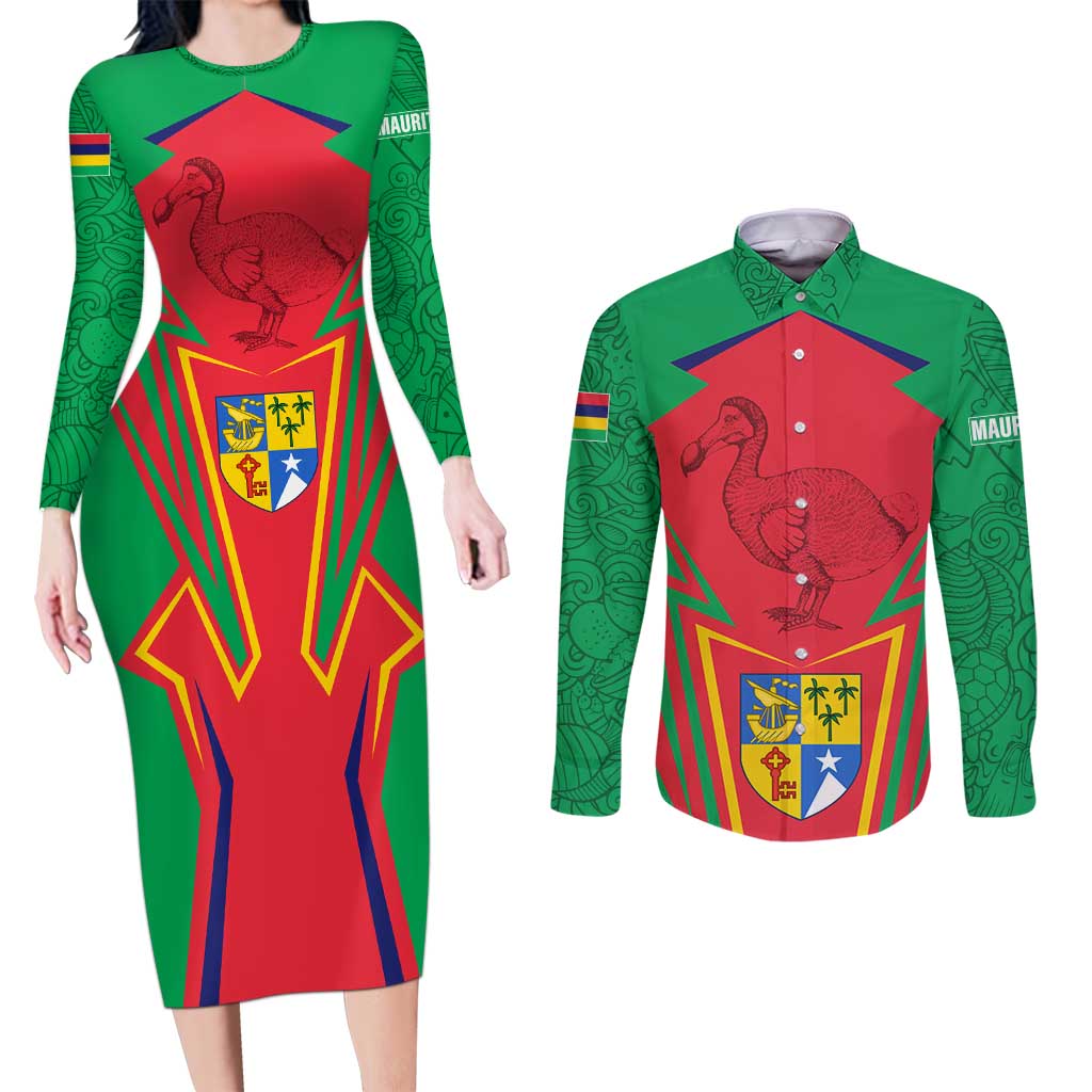 Mauritius Coat of Arms Couples Matching Long Sleeve Bodycon Dress and Long Sleeve Button Shirt National Emblem Blended with Traditional Patterns