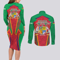 Mauritius Coat of Arms Couples Matching Long Sleeve Bodycon Dress and Long Sleeve Button Shirt National Emblem Blended with Traditional Patterns