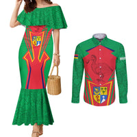 Mauritius Coat of Arms Couples Matching Mermaid Dress and Long Sleeve Button Shirt National Emblem Blended with Traditional Patterns