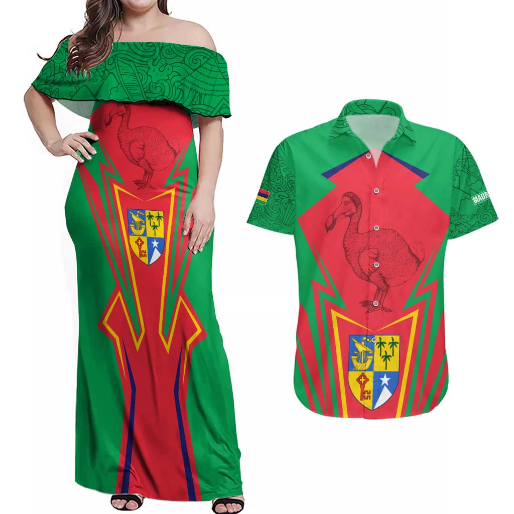 Mauritius Coat of Arms Couples Matching Off Shoulder Maxi Dress and Hawaiian Shirt National Emblem Blended with Traditional Patterns