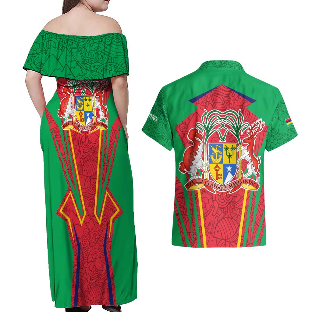 Mauritius Coat of Arms Couples Matching Off Shoulder Maxi Dress and Hawaiian Shirt National Emblem Blended with Traditional Patterns