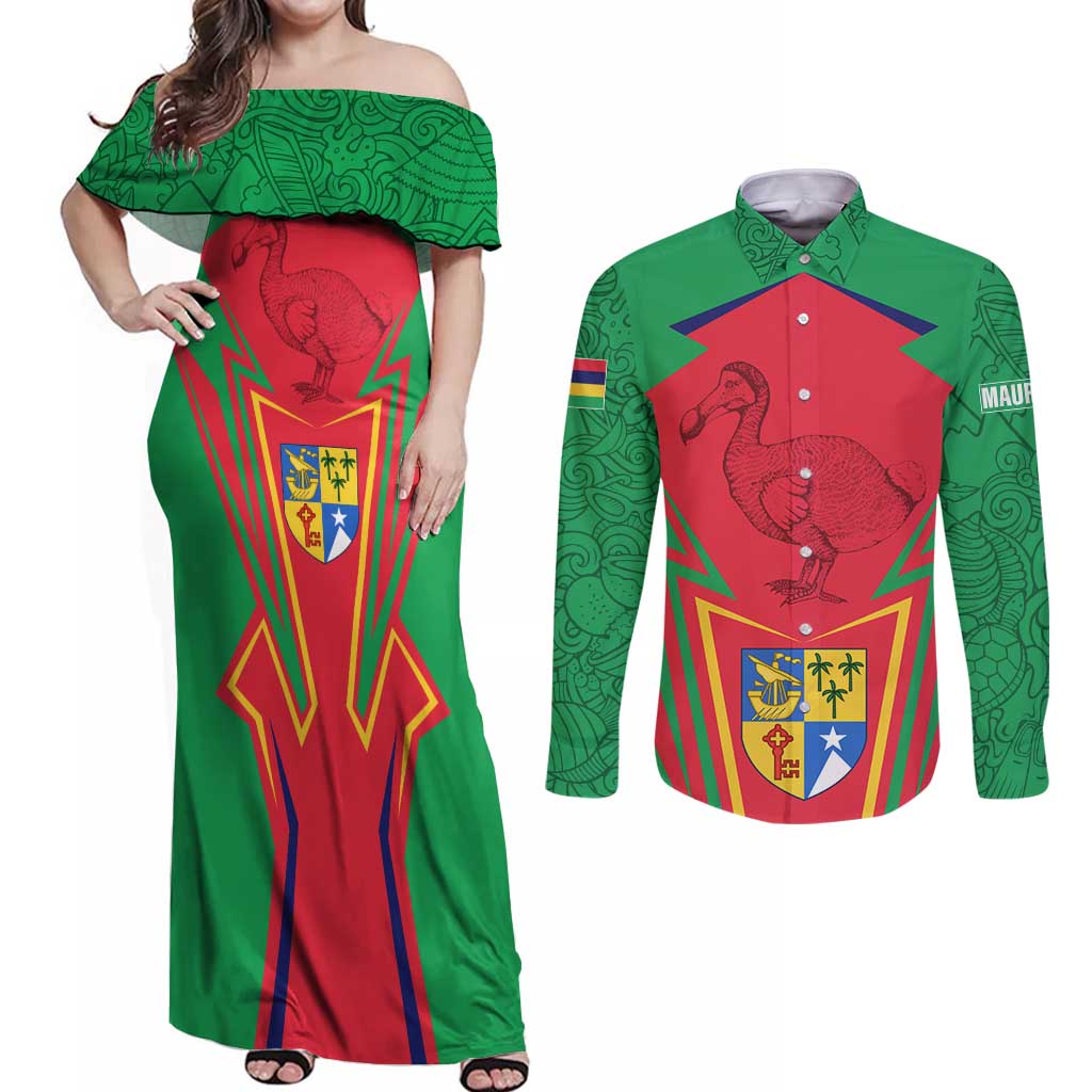 Mauritius Coat of Arms Couples Matching Off Shoulder Maxi Dress and Long Sleeve Button Shirt National Emblem Blended with Traditional Patterns