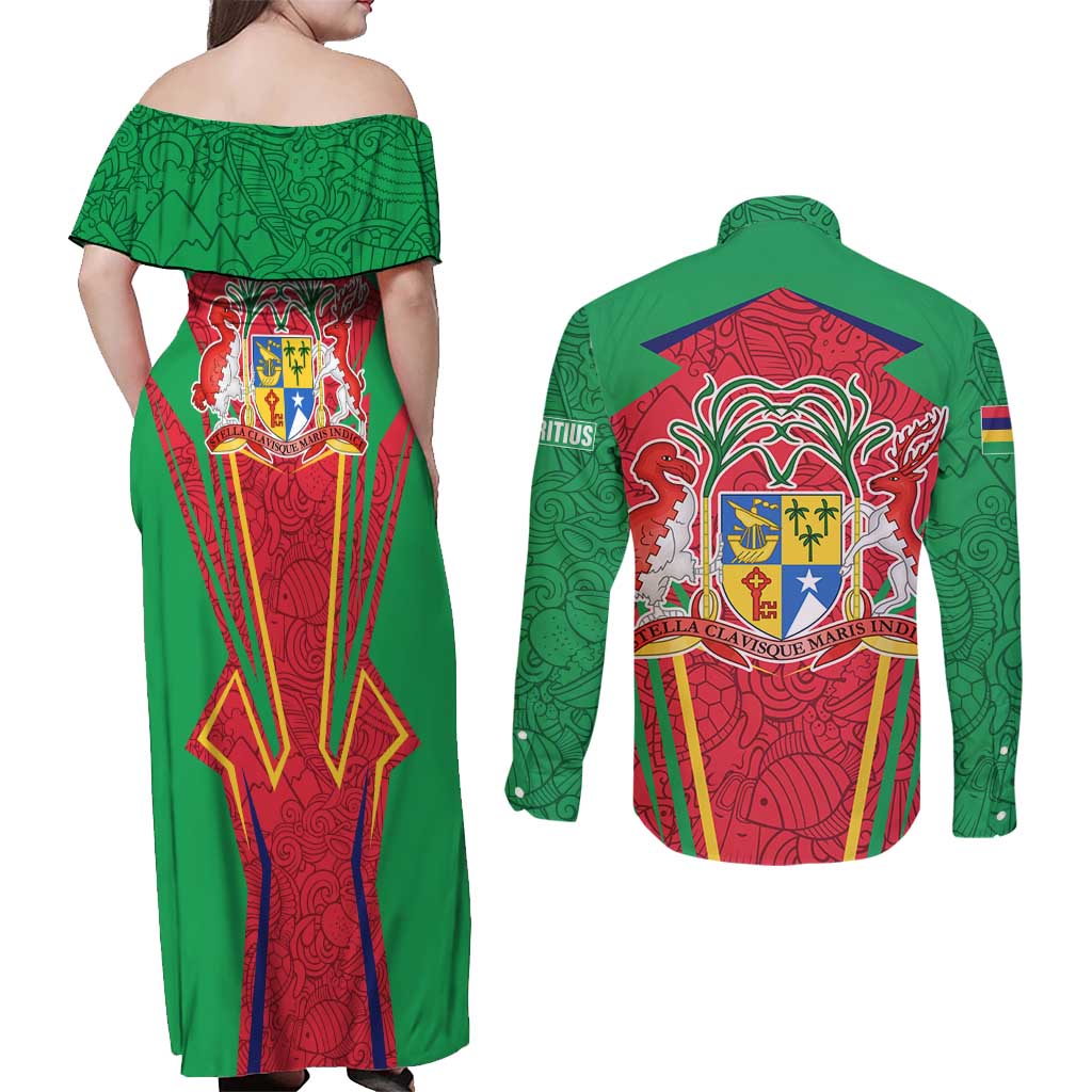 Mauritius Coat of Arms Couples Matching Off Shoulder Maxi Dress and Long Sleeve Button Shirt National Emblem Blended with Traditional Patterns