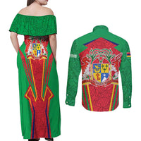 Mauritius Coat of Arms Couples Matching Off Shoulder Maxi Dress and Long Sleeve Button Shirt National Emblem Blended with Traditional Patterns