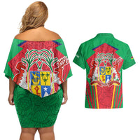 Mauritius Coat of Arms Couples Matching Off Shoulder Short Dress and Hawaiian Shirt National Emblem Blended with Traditional Patterns