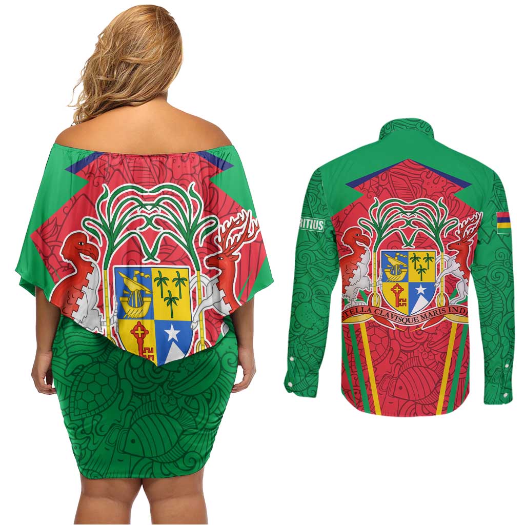 Mauritius Coat of Arms Couples Matching Off Shoulder Short Dress and Long Sleeve Button Shirt National Emblem Blended with Traditional Patterns